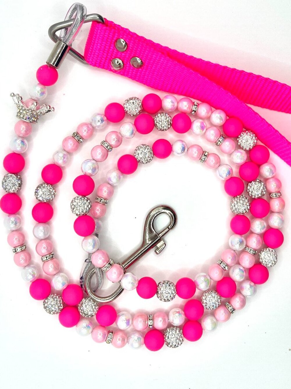 Princess Pink Rhinestone Crown Dog Leash - Neon Pink - Handmade